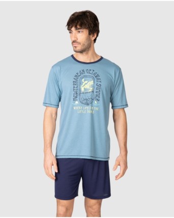 Pijama corto de hombre de manga corta estampado en color azul