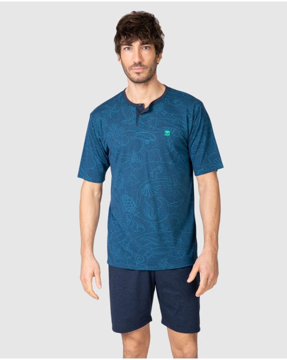 Pijama curt d'home de màniga curta estampat en color blau