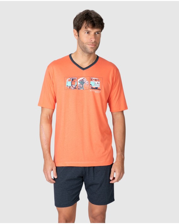 Men's short-sleeved pajamas with orange print