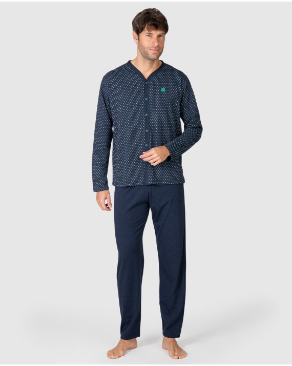 Pijama largo de hombre de manga larga con frontal abotonado